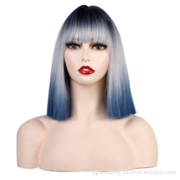 Short Root Black Ombre Silver to blue 3 Tones Bob Cut Wigs With Bangs Heat Resistant Synthetic Straight Hair Wigs for Women